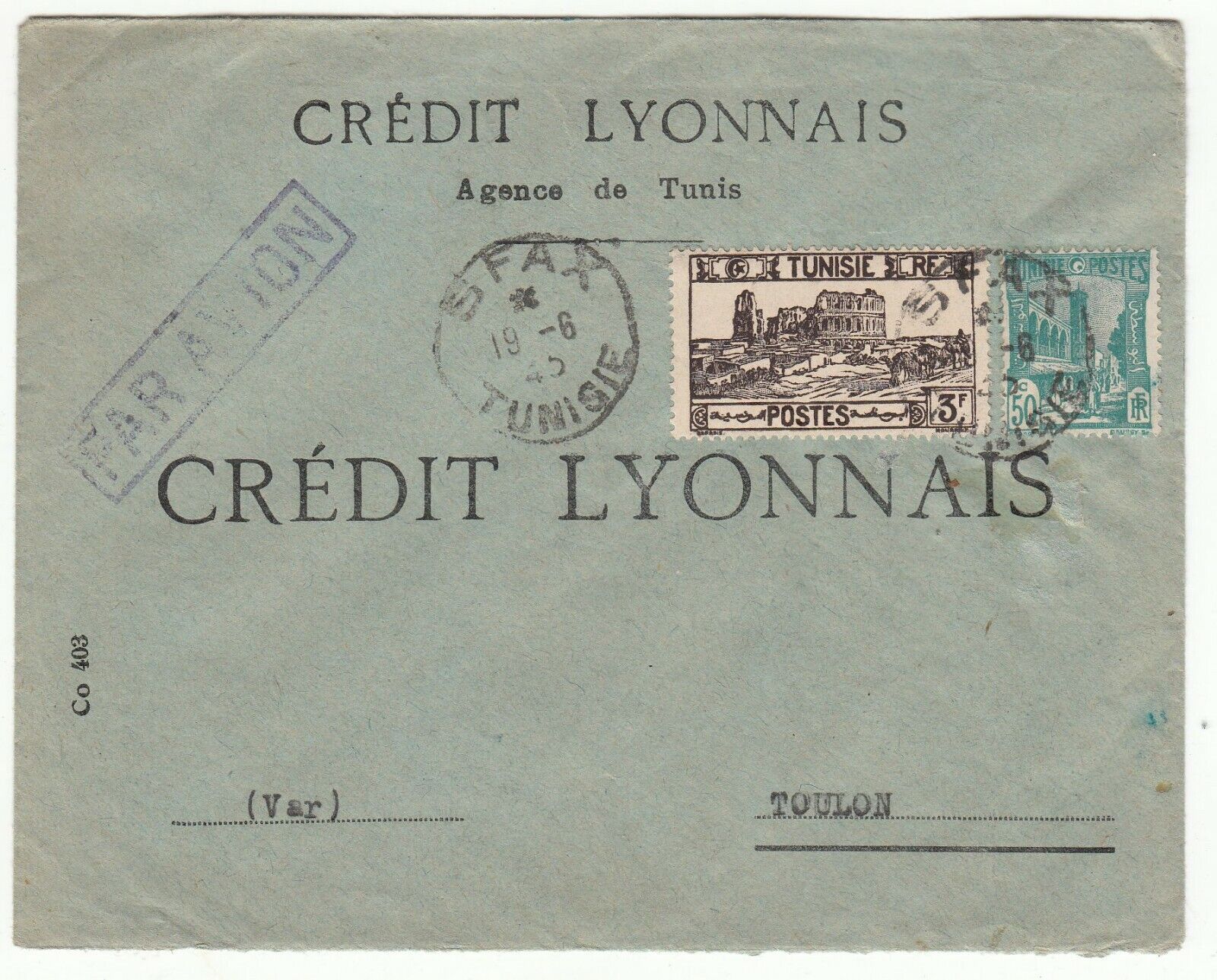 LETTRE TUNISIE AGENCE DE TUNIS SFAX TOULON CREDIT LYONNAIS 1945 PAR AVION 123745873505