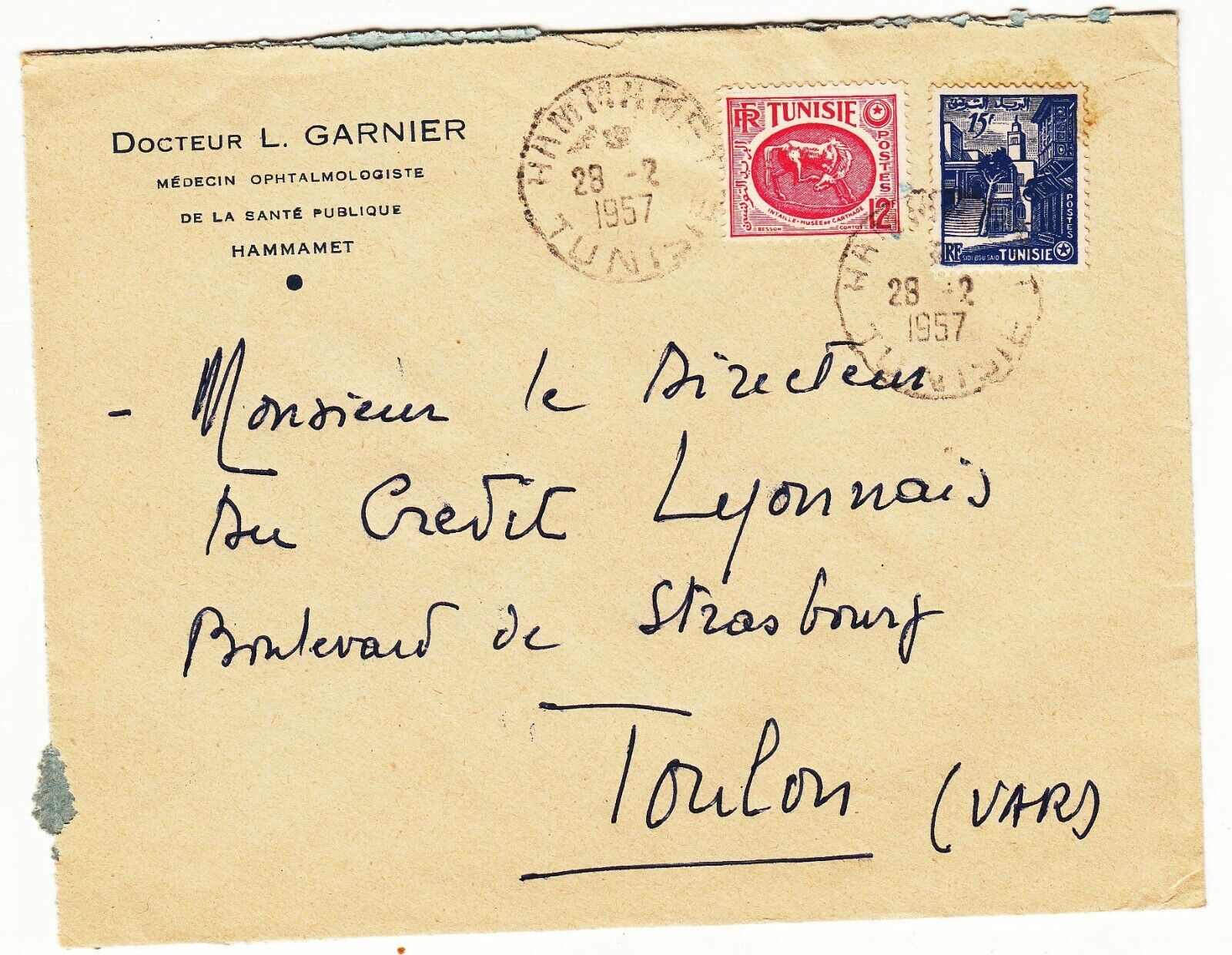 LETTRE TUNISIE HAMMAMET TOULON 1957 CREDIT LYONNAIS DOCTEUR GARNIER 401755305815