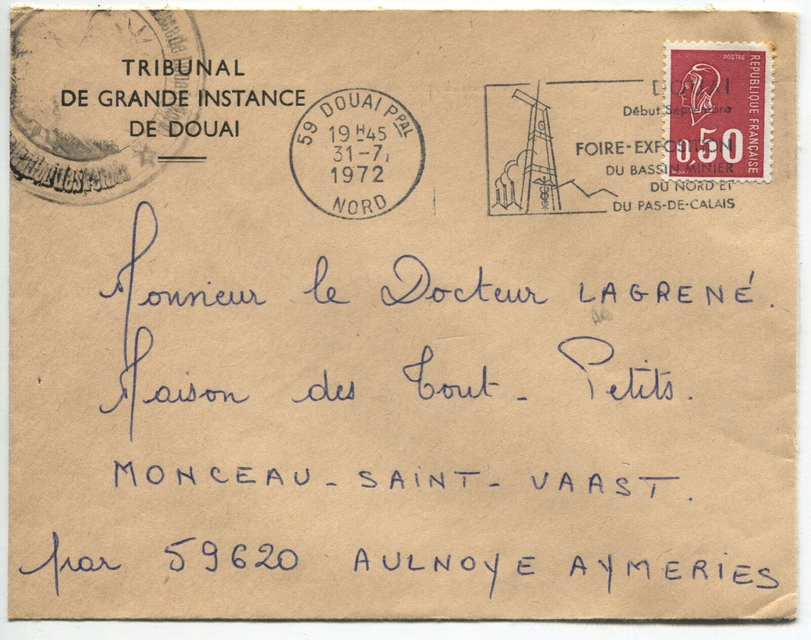 LETTRES TRIBUNAL GRANDE INSTANCE DE DOUAI POUR DCT LAGRENE 1972 FLAMME 110953532385