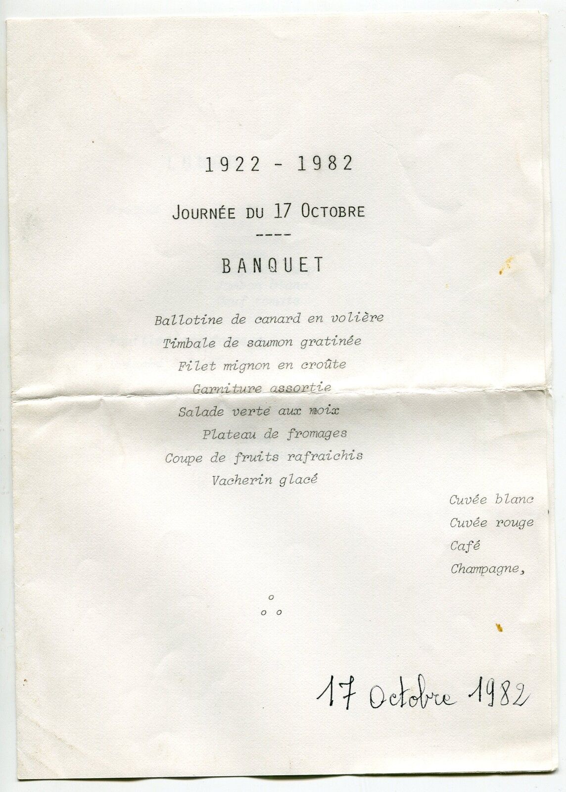 MENU BANQUET 1922 1982 400765252725