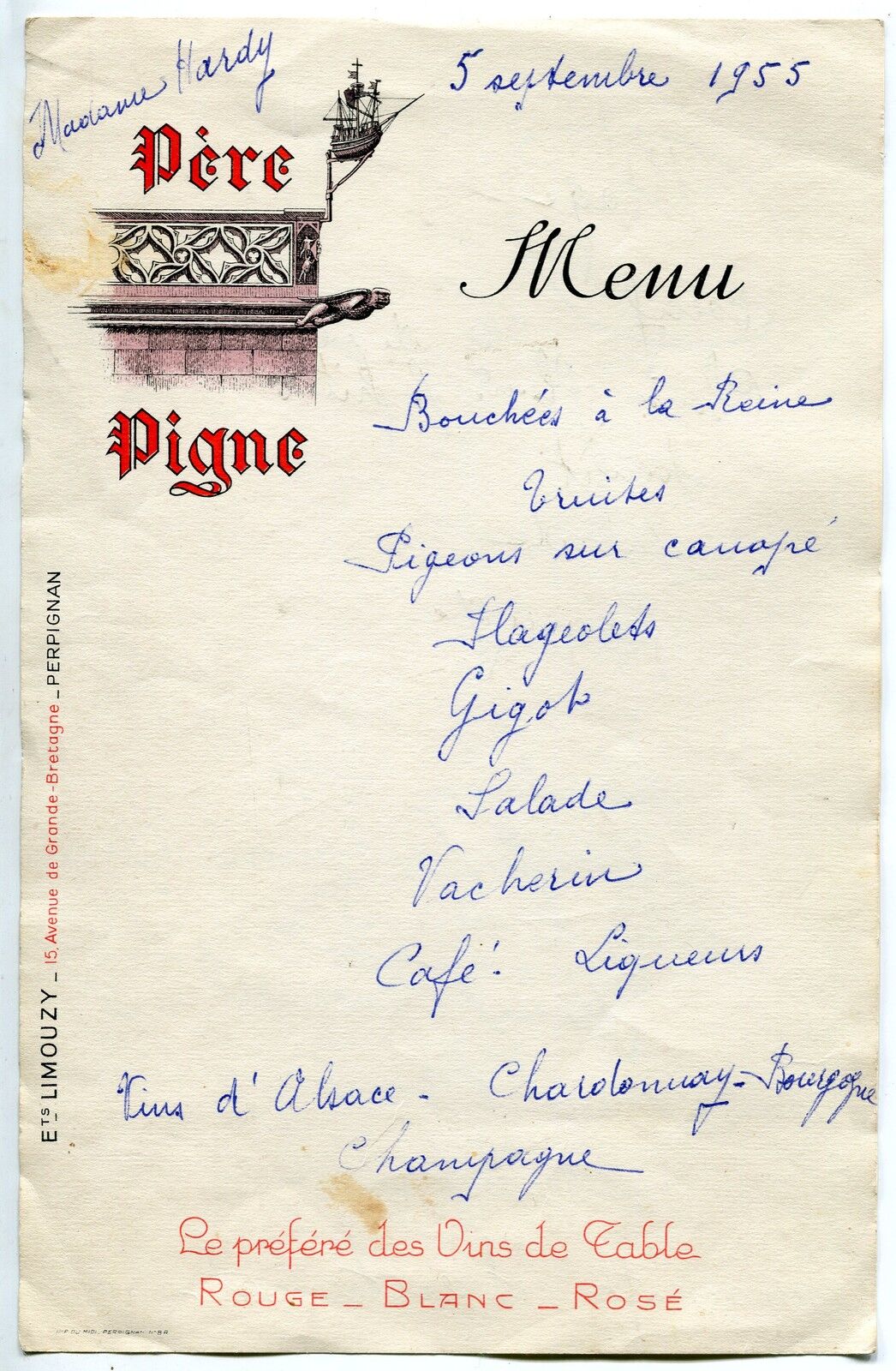 MENU PERE PIGNE PERPIGNAN MADAME HARDY 1955 400765252735