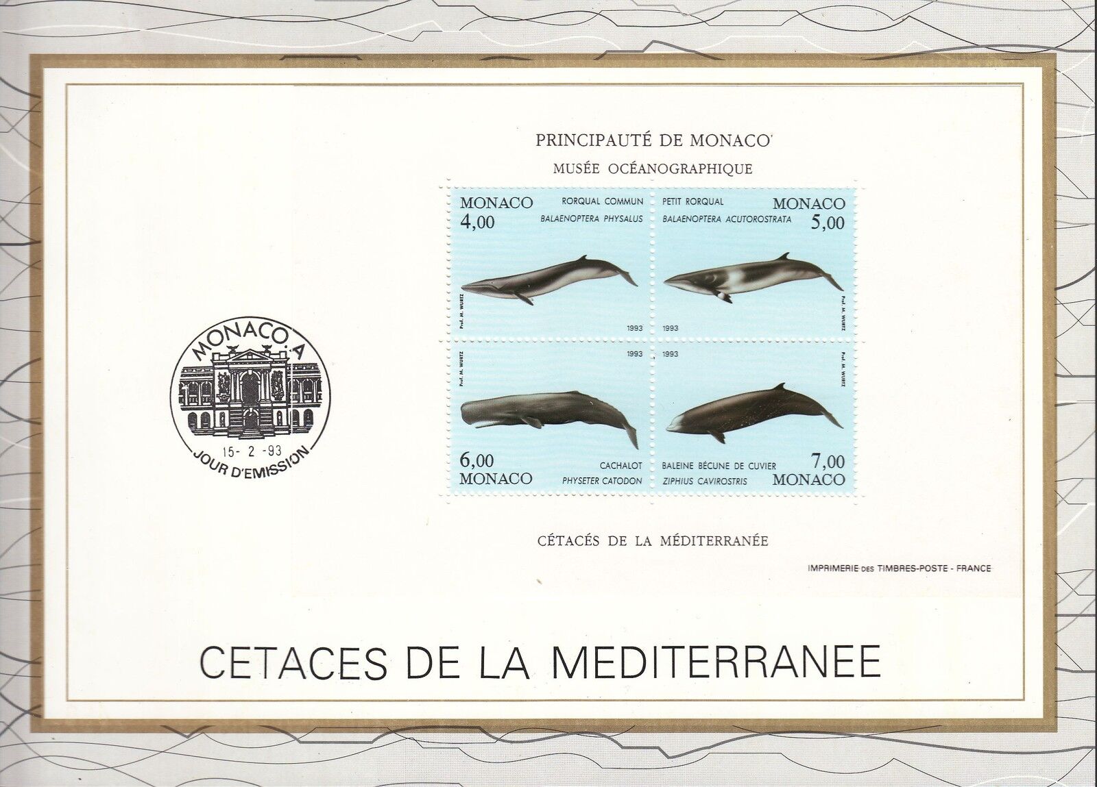 MONACO CEF PREMIER JOUR 1993 TIMBRE BLOC N 59 CETACES DE LA MEDITERRANEE 400908479995