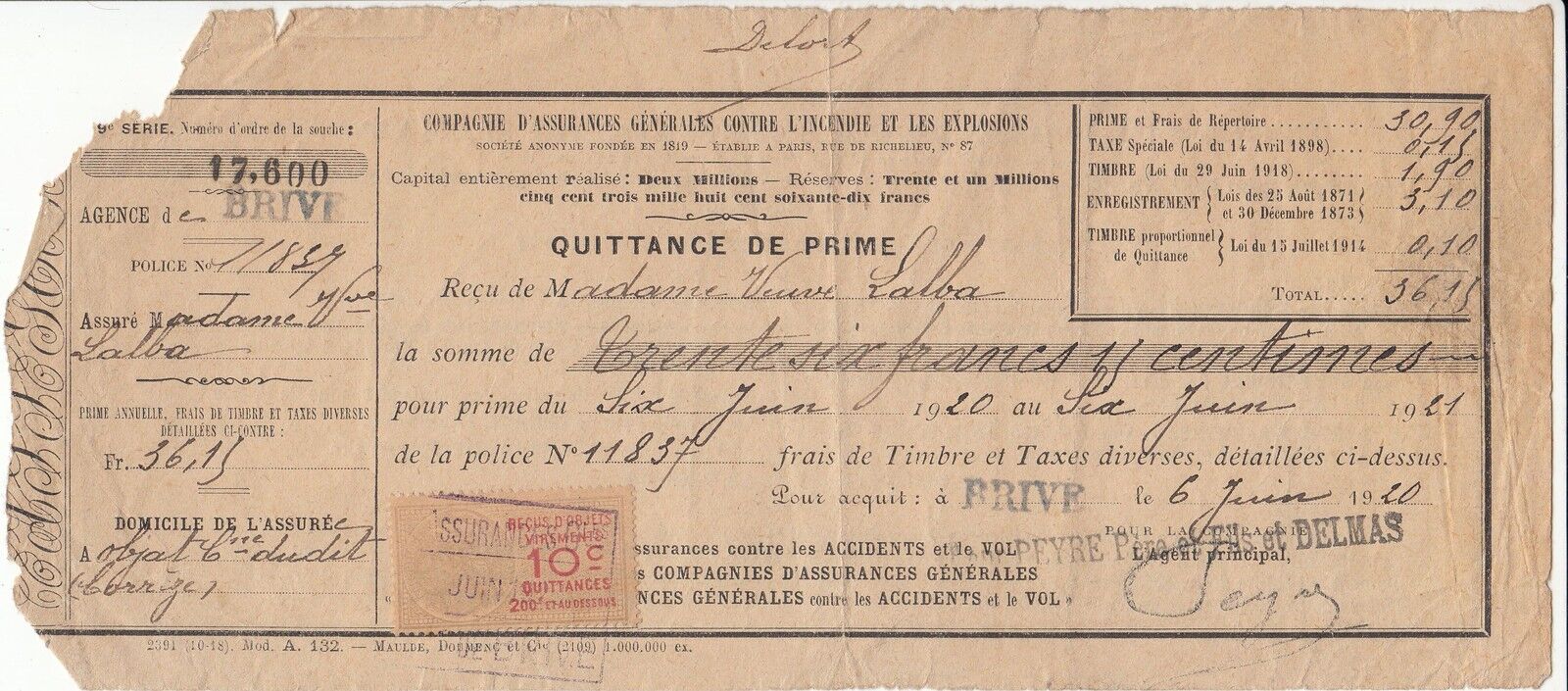 ORDRE DE PAIEMENT COMPAGNIES ASSURANCES GENERALES 1920 BRIVES TIMBRES FISCAUX 121995887815