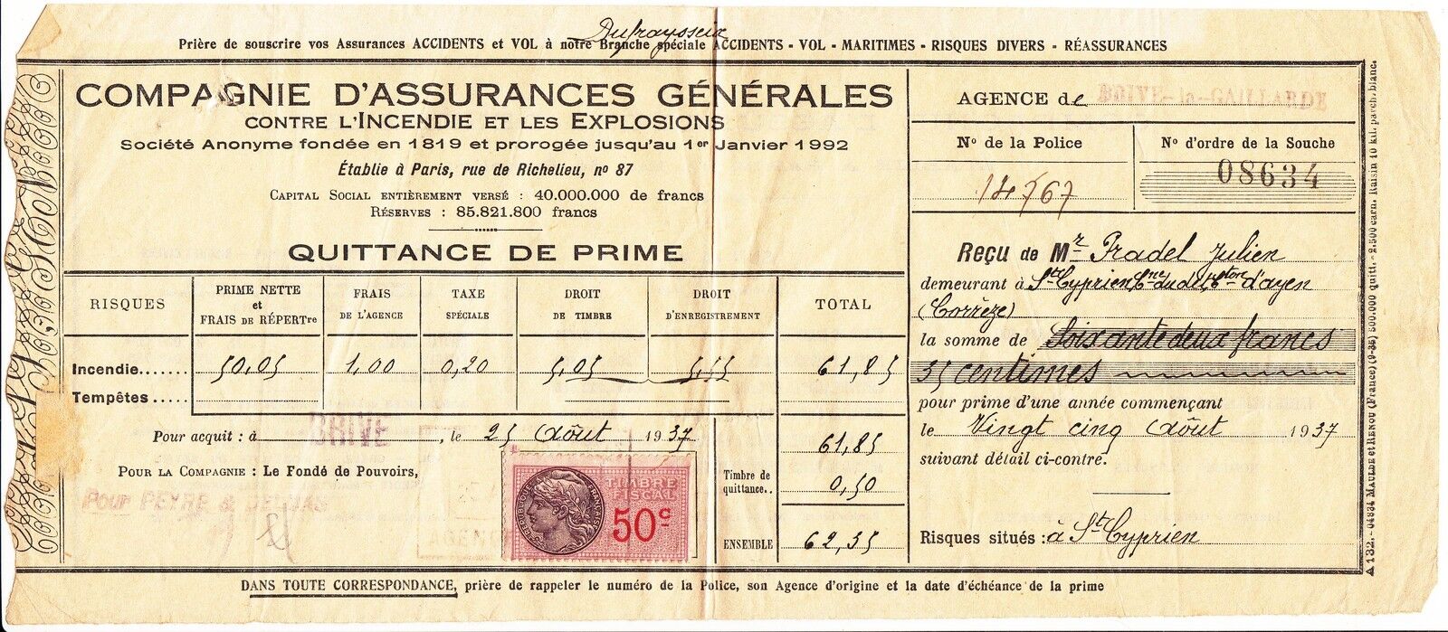 ORDRE DE PAIEMENT COMPAGNIES ASSURANCES GENERALES 1937 BRIVES TIMBRES FISCAUX 121995992805