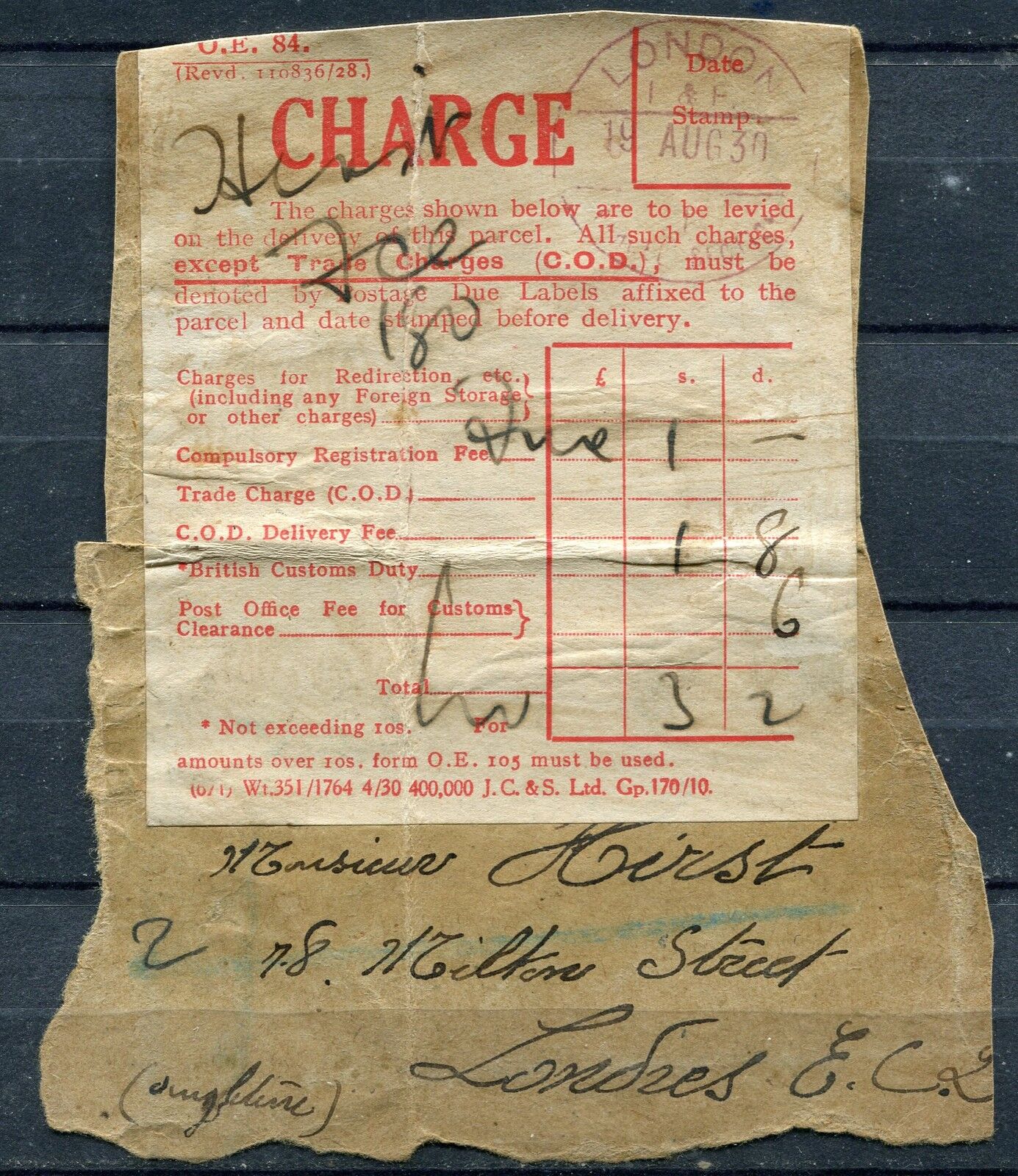 PAPIER COURIER CHARGE LONDON 1930 A ETUDIER 400421821035