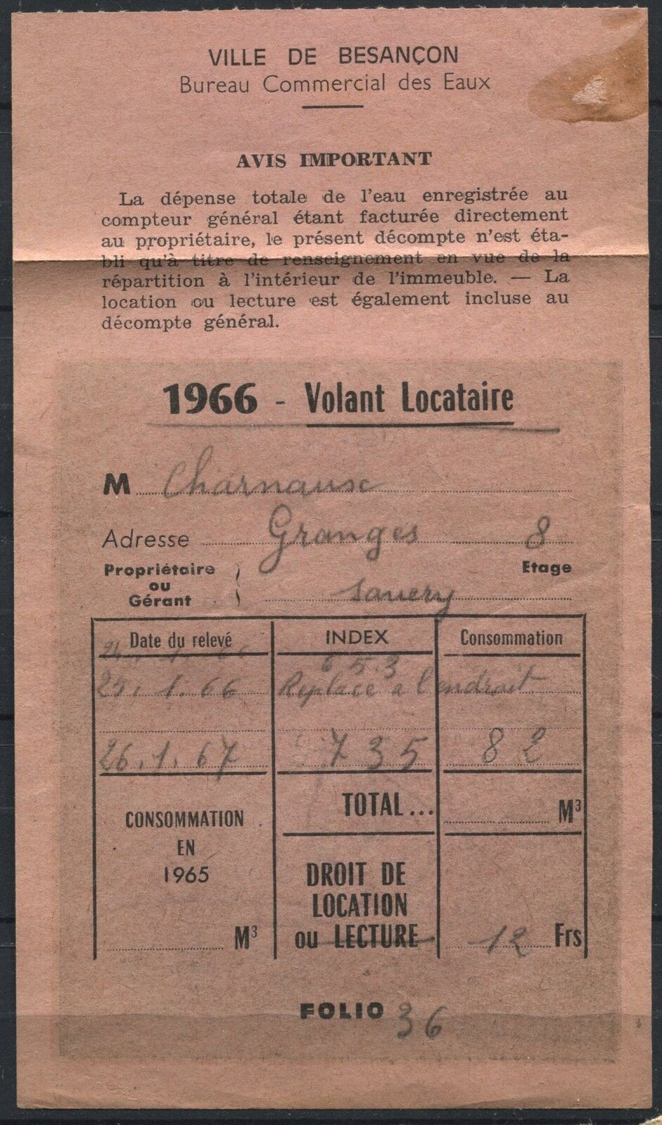 RECU DE 1966 VOLANT LOCATAIRE BESANCON BUREAUX COMMERCIALE DES EAUX 120888098595