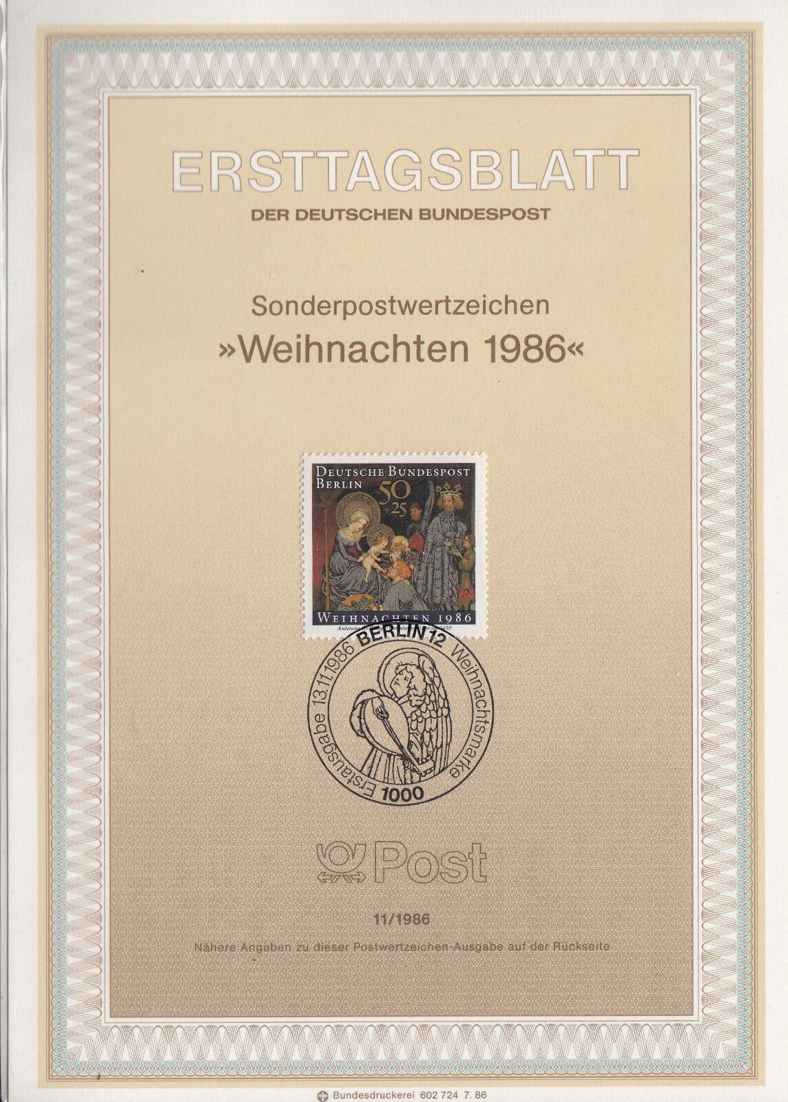 TIMBRE FDC ALLEMAGNE BERLIN OBL ERSTTAGSBLATT NOEL ADORATION DES ROIS 1986 122246799515