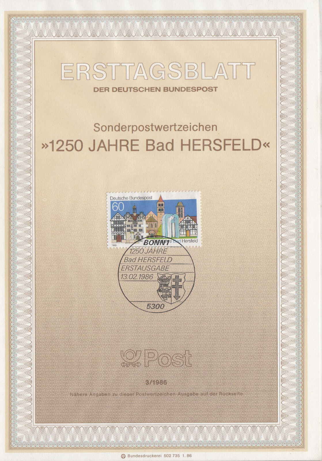 TIMBRE FDC ALLEMAGNE BONN OBL ERSTTAGSBLATT BAD HERSFELD 1986 401234436055