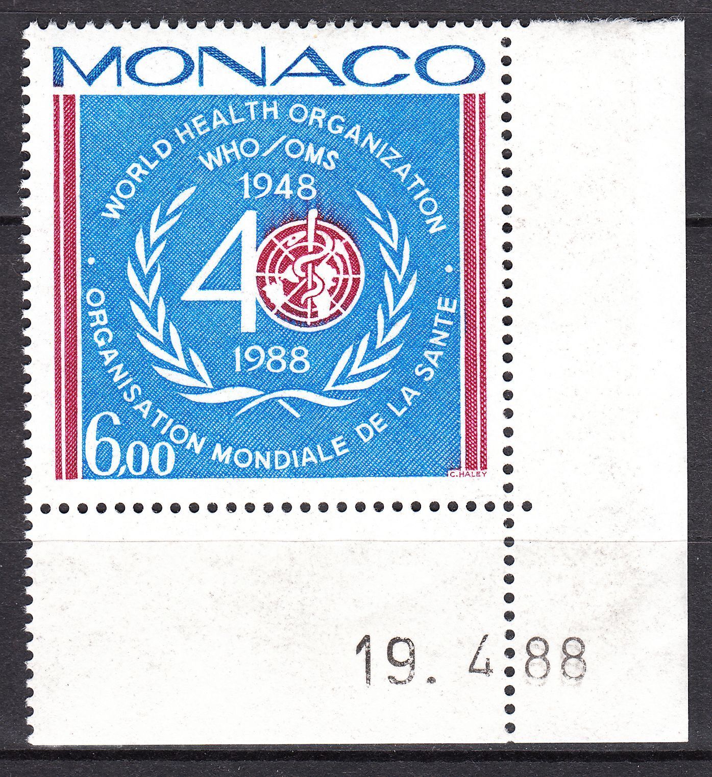 TIMBRE MONACO COIN DATE NEUF N 1636 OMS EMBLEME ET NOMBRE 40 123510336805