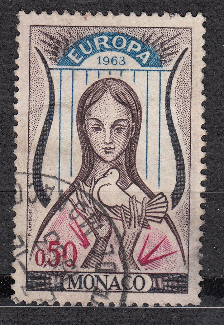 TIMBRE MONACO OBL N 619 EUROPA LYRE ET FEMME AVEC COLOMBE 123097977015