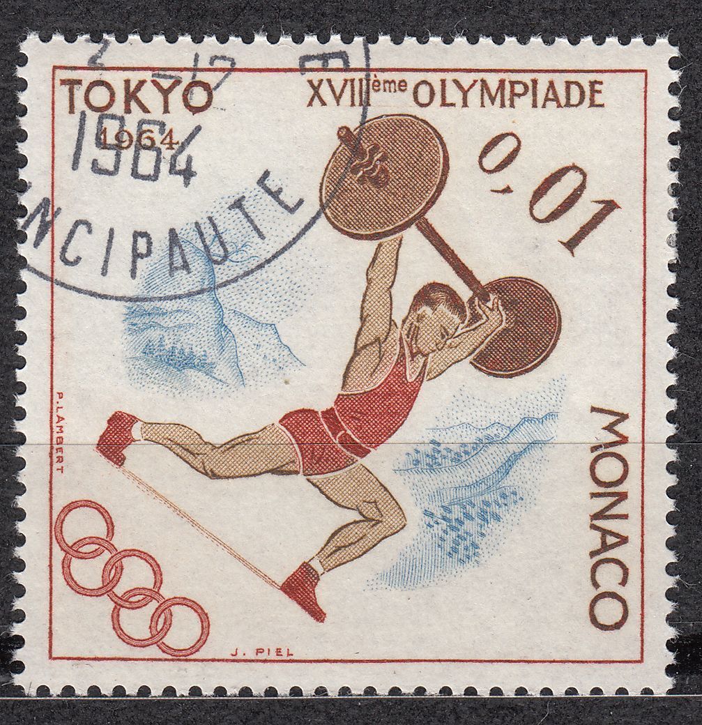 TIMBRE MONACO OBL N 654 JEUX OLYMPIQUES DE TOKYO HALTEROPHILIE 401533299795