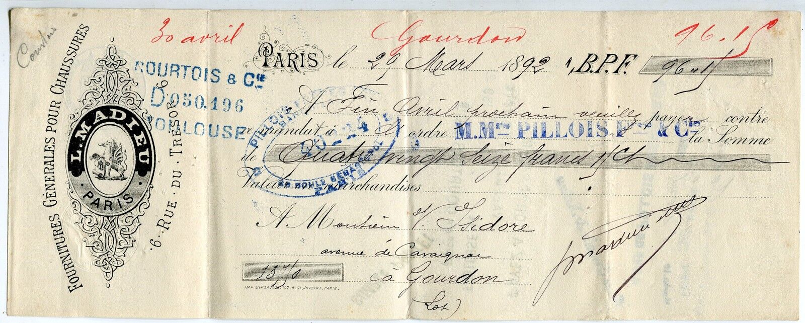 TRAITE 1892 FOURNITURE POUR CHAUSSURE L MADIEU PARIS CACHET FISCAL 121488870125