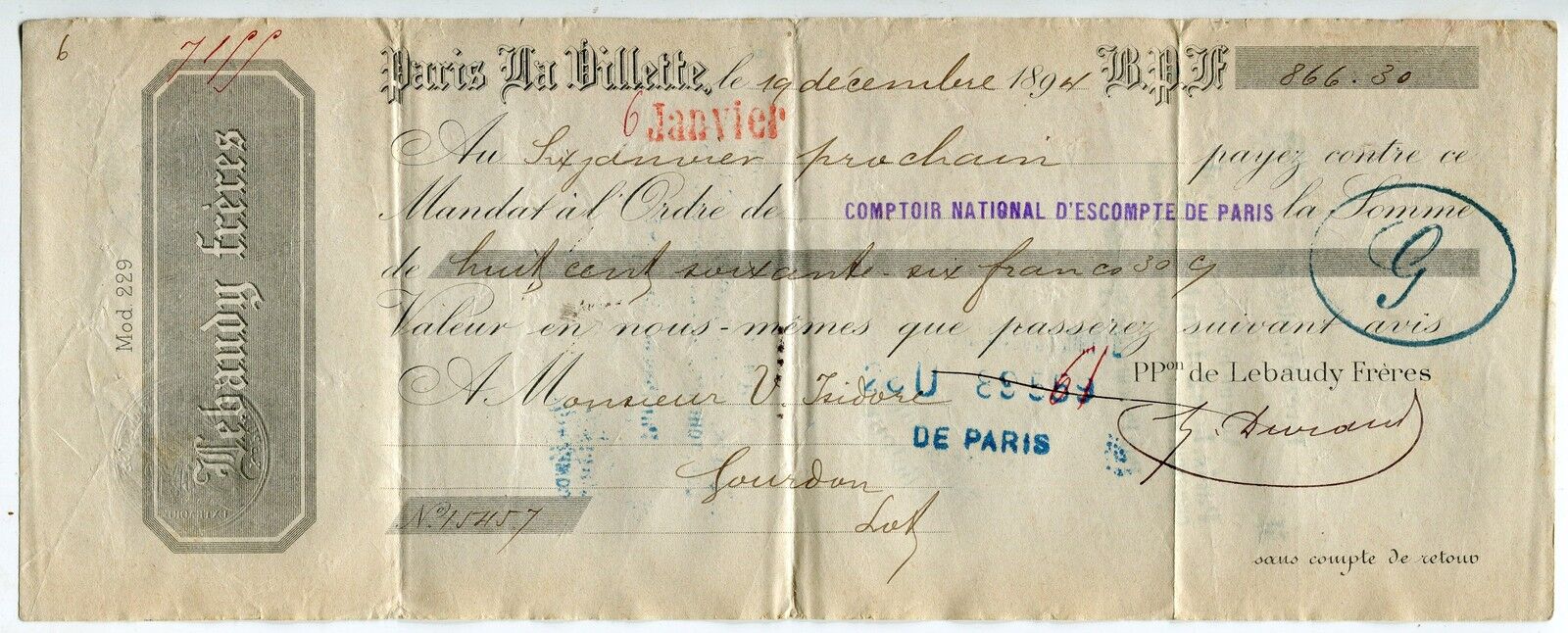 TRAITE 1894 LEBAUDY FRERES PARIS LA VILLETTE CACHET FISCAL 121488274155