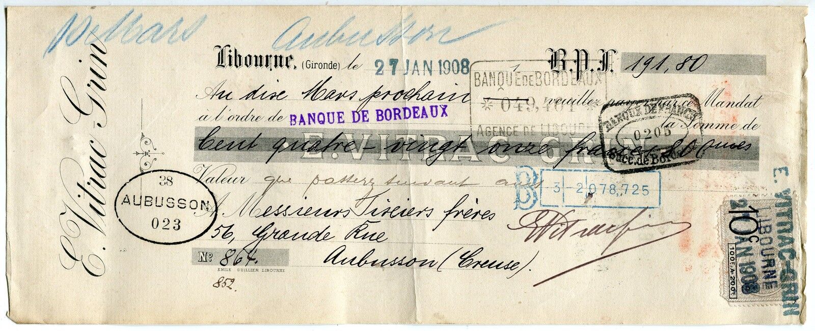 TRAITE 1908 LIBOURNE E VITRAC GRIN AUBUSSON TIMBRE FISCAL 400807804035