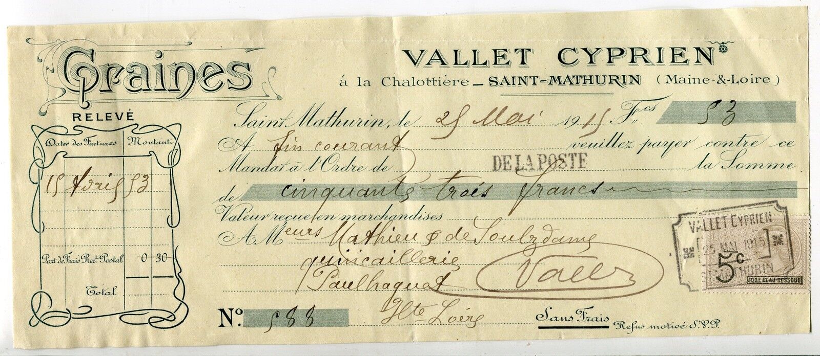 TRAITE 1915 GRAINES VALLET CYPRIEN SAINT MATHURIN TIMBRE FISCAL 121380555535