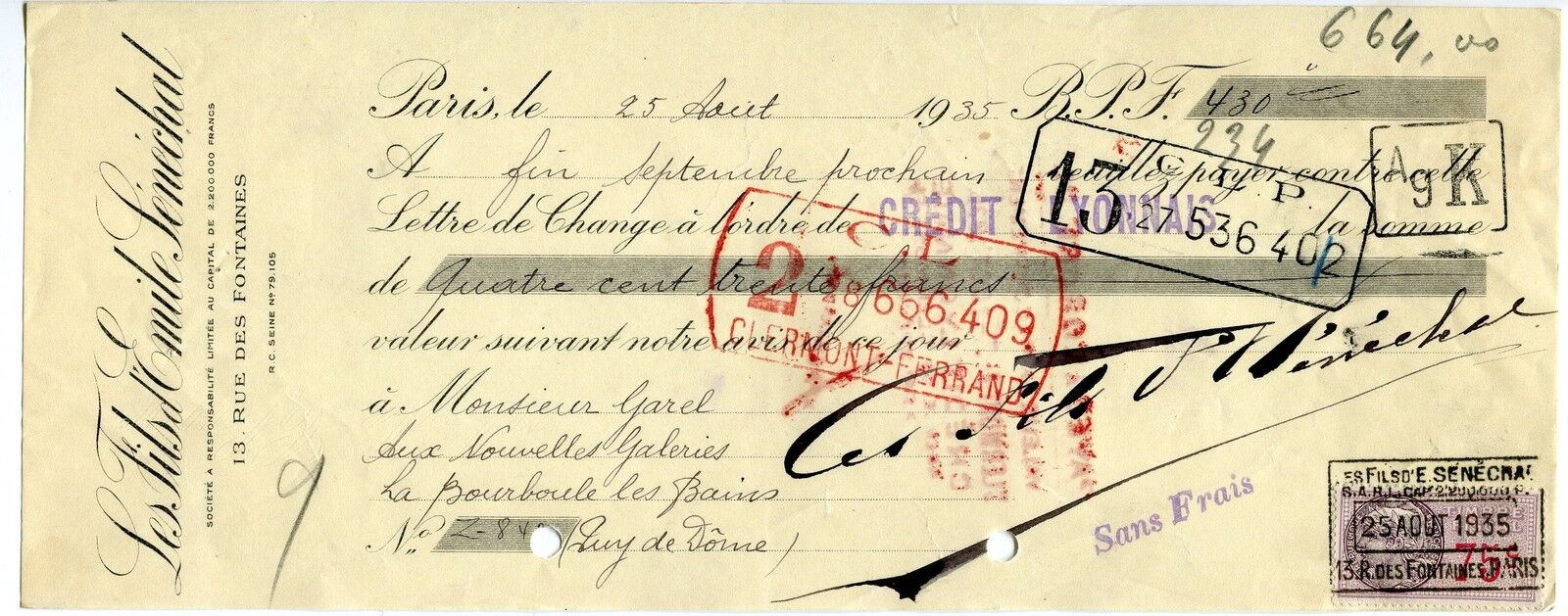 TRAITE 1935 LES FILS D EMILE SENECHAL PARIS TIMBRE FISCAL 121488247345