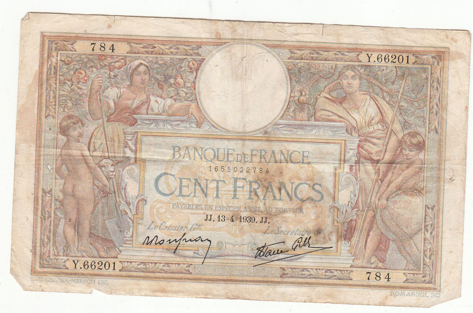 BILLET FRANCE 100 FRANCS MERSON 13 4 1939 JJ 401293305906