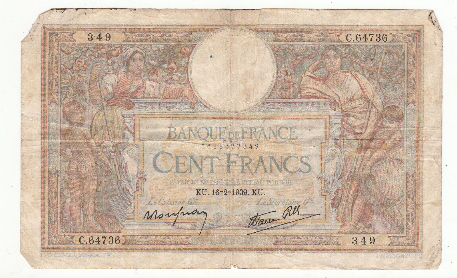 BILLET FRANCE 100 FRANCS MERSON 16 2 1939 KU 401286723026