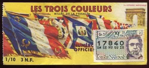 BILLET LOTERIE TROIS COULEURS TIMBRE LITTRE PHILOSOPHE 110651109876