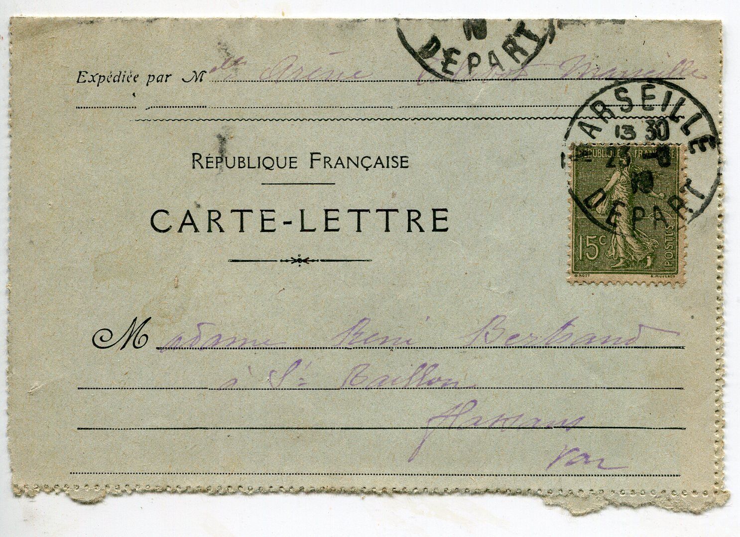 CARTE LETTRE SEMEUSE CACHET MARSEILLE POUR FLASSANS 1918 121519721876