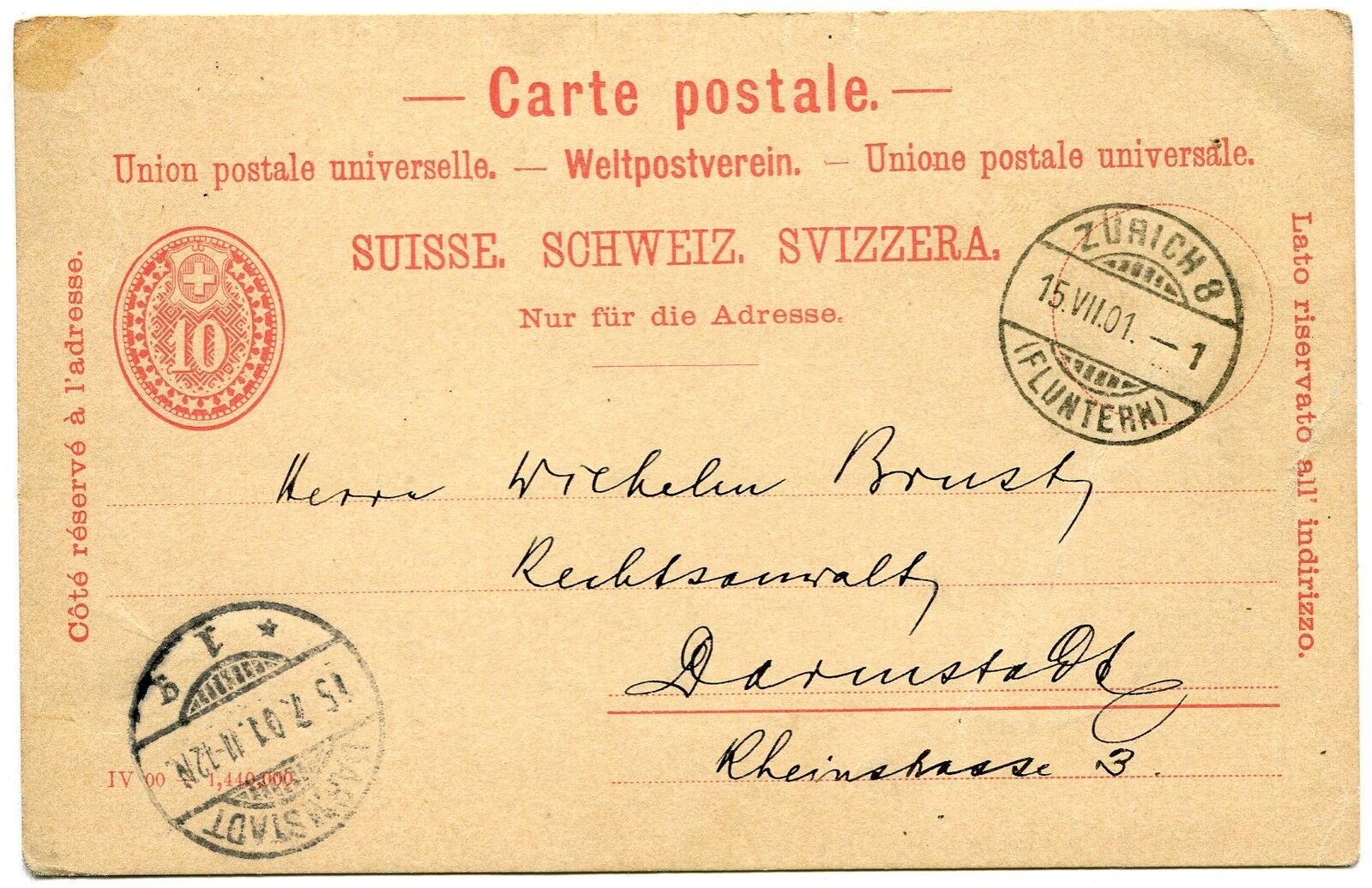 CARTE LETTRE SUISSE ZURICH POUR DARMSTADT 400720627806