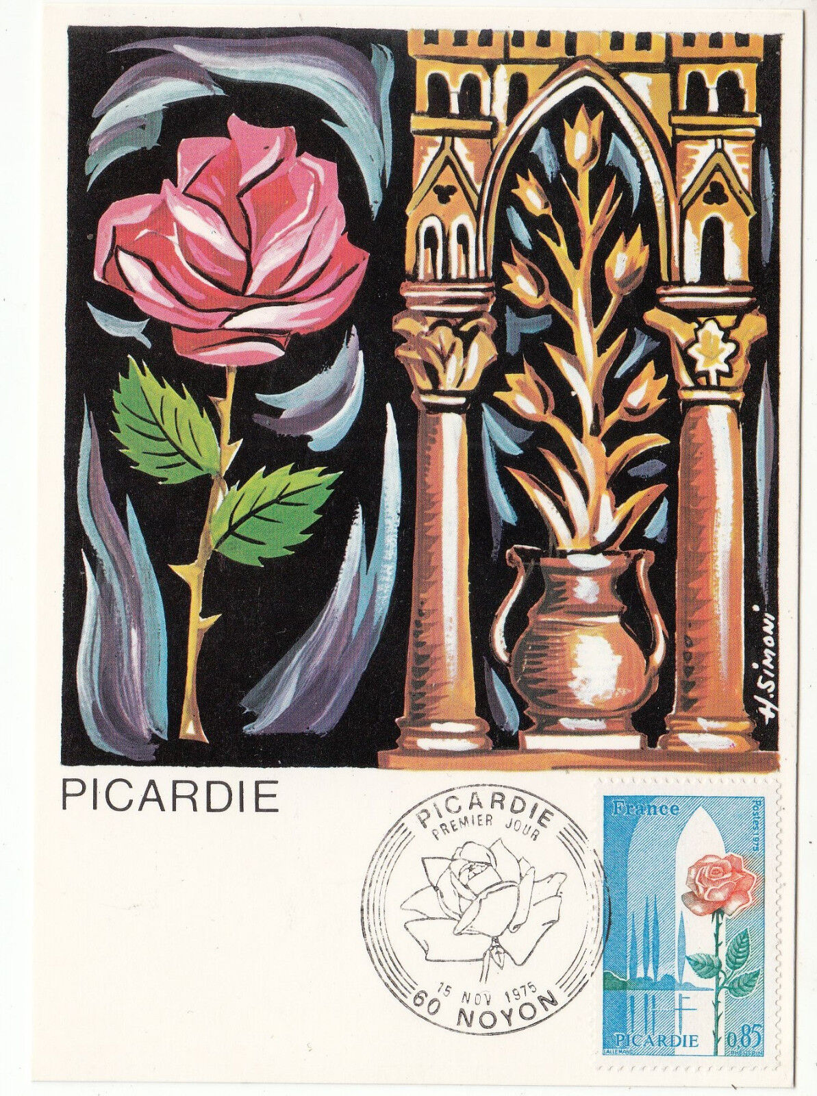 CARTE MAXIMUM FDC 1975 TIMBRE N 1847 REGION PICARDIE ROSE 122777529916