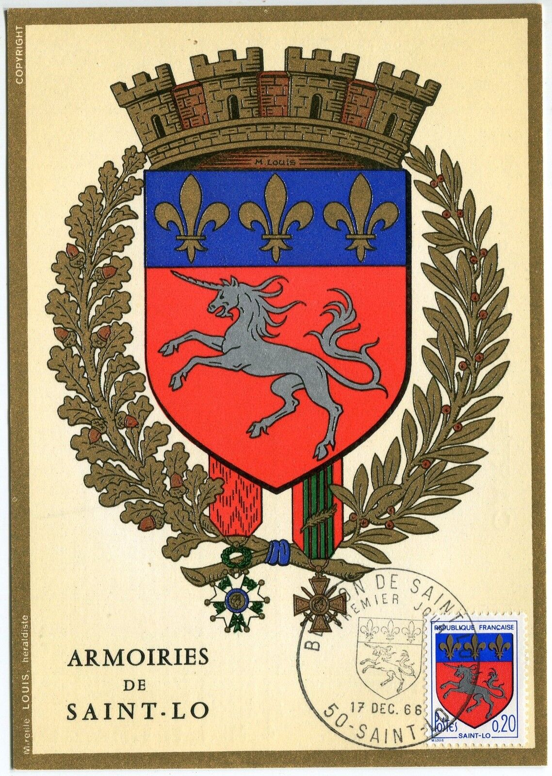 CARTE PHILATELIQUE BLASON DE SAINT LO 1966 400752972726