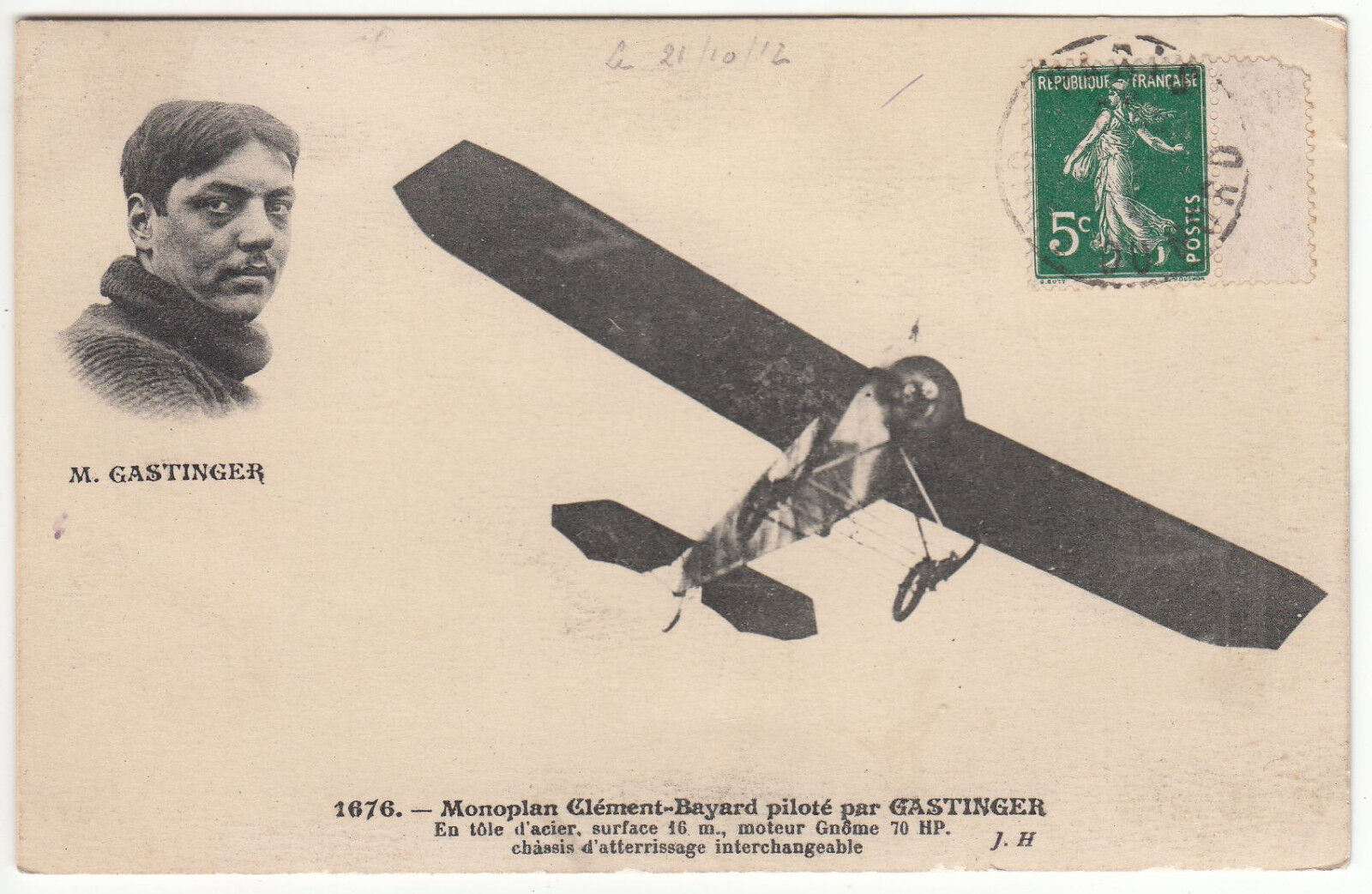 CARTE POSTALE AVIATION MONOPLAN CLEMENT BAYARD PILOTE PAR GASTINGER 122302635446