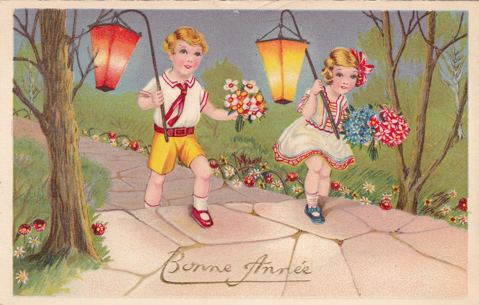 CARTE POSTALE FANTAISIE BONNE ANNEE ENFANTS FILLE GARCON 400331857016