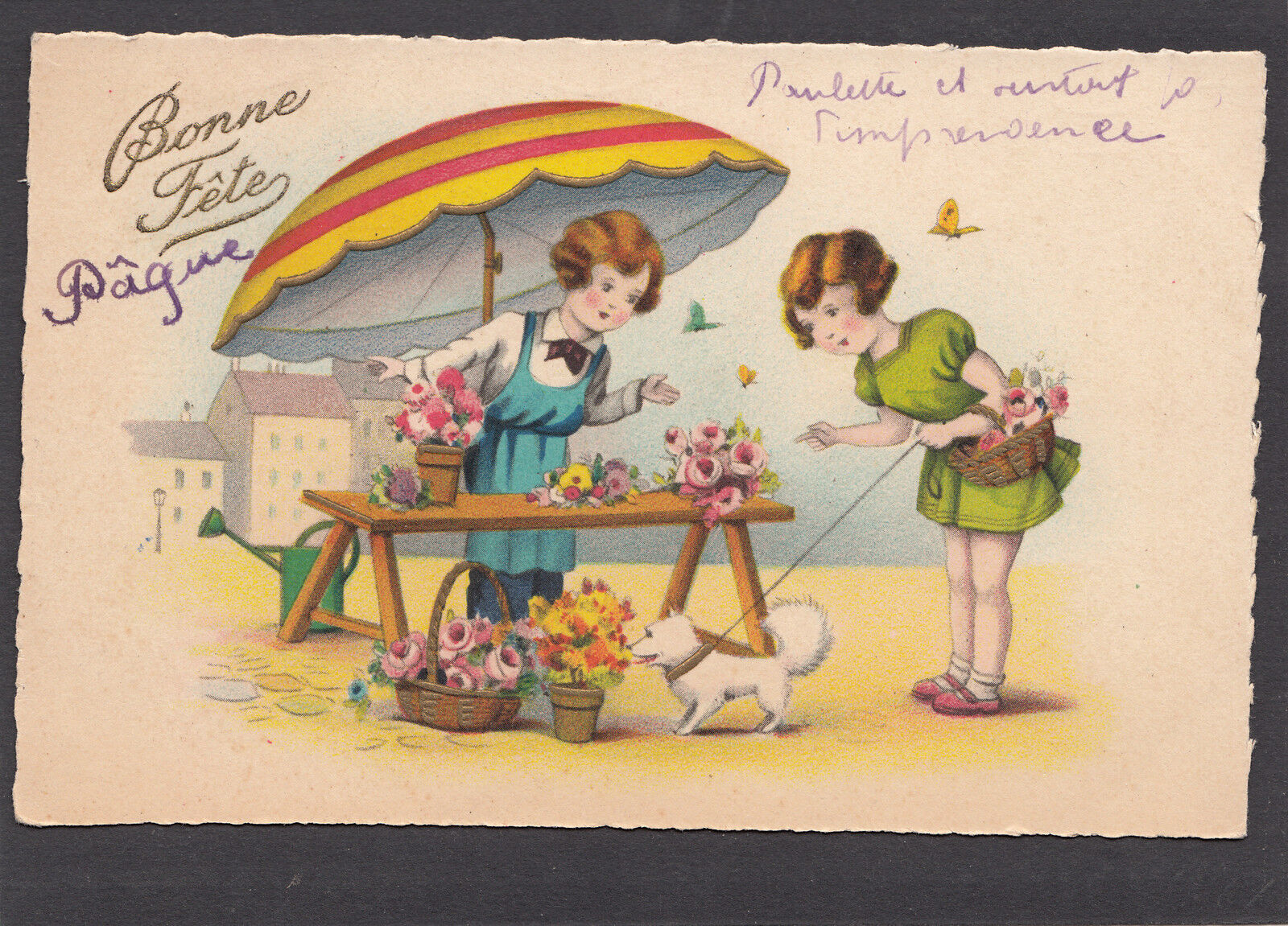 CARTE POSTALE FANTAISIE ENFANTS CHIEN AU MARCHER BONNE FETE 400331857226