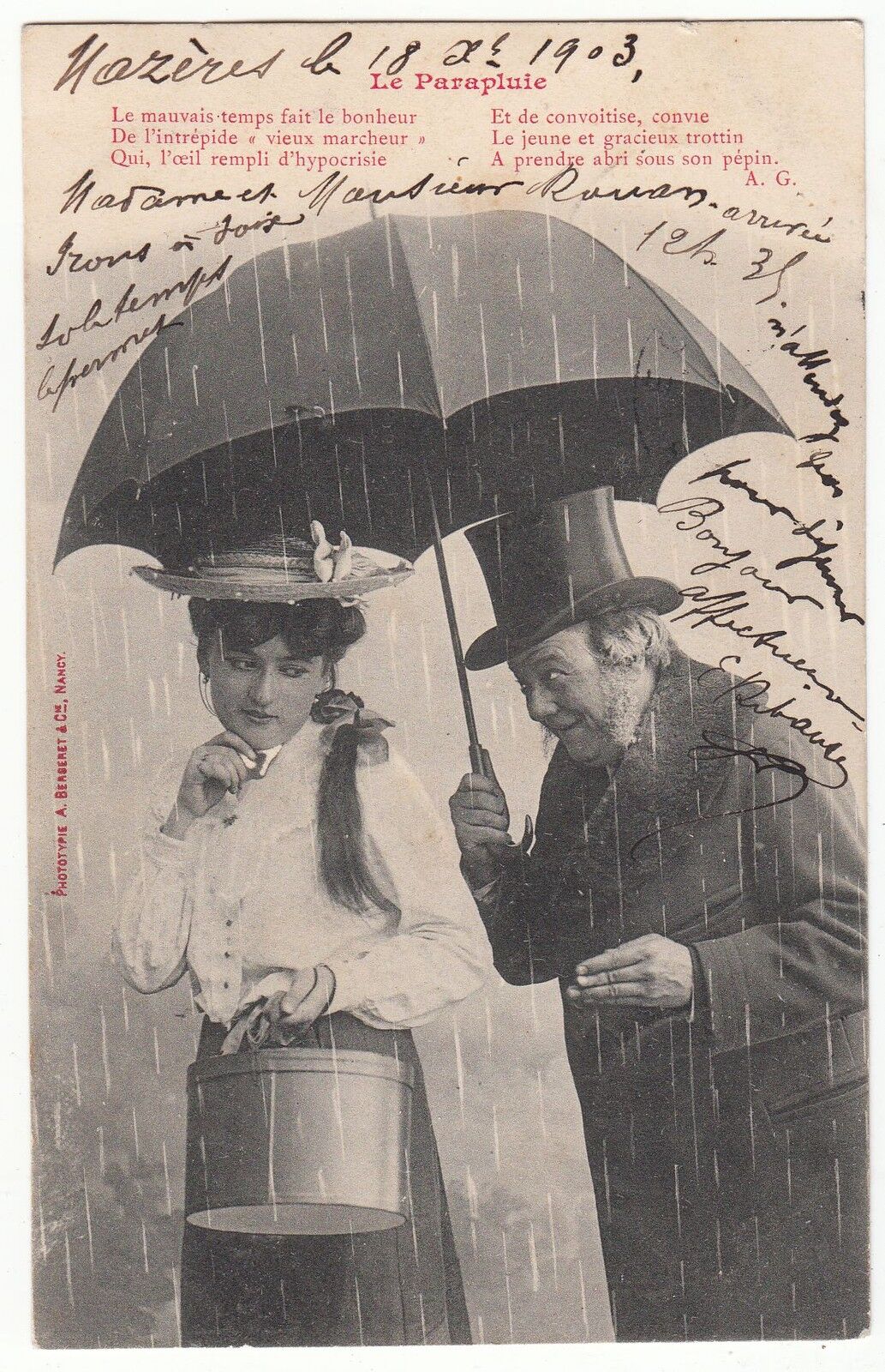 CARTE POSTALE FANTAISIE LE PARAPLUIE 1903 JEUNNE FEMME COURTISEE 122154657256