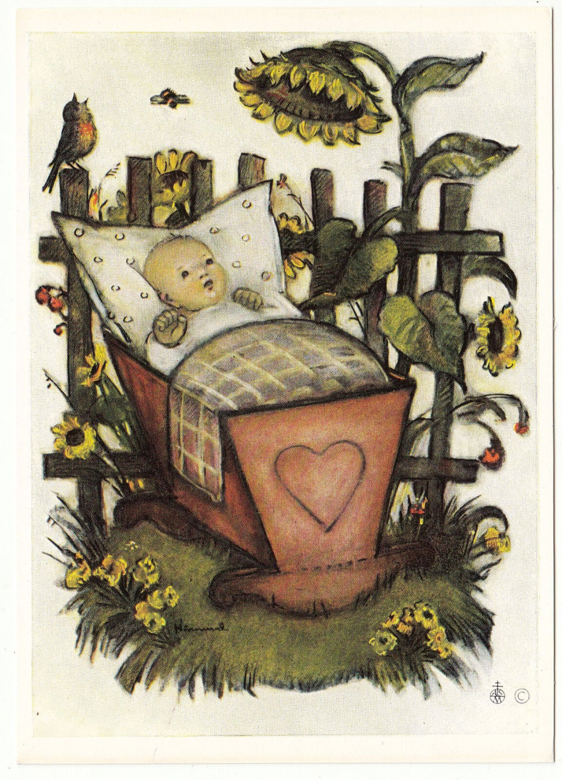 CARTE POSTALE ILLUSTRATEUR HUMMEL  N° 5675   ENFANT BEBE DANS LE BERCEAU OISEAU