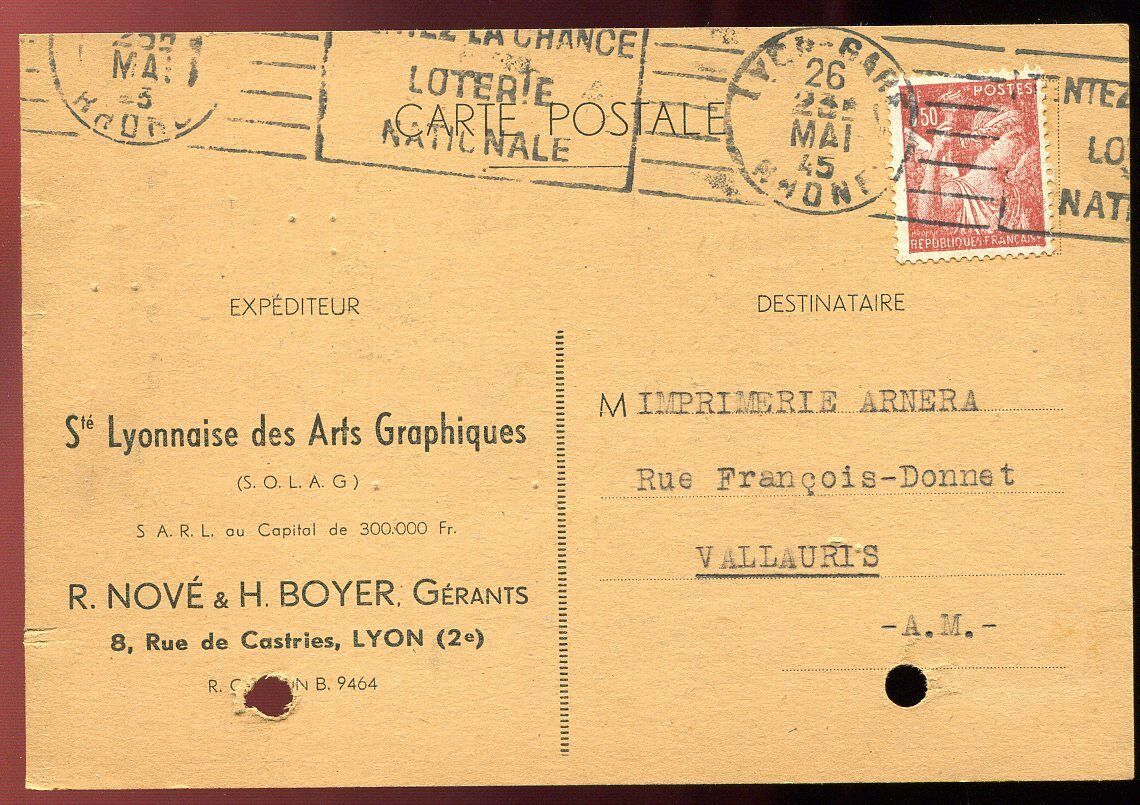 CARTE POSTALE LYON POUR VALLAURIS 1945 110781849086