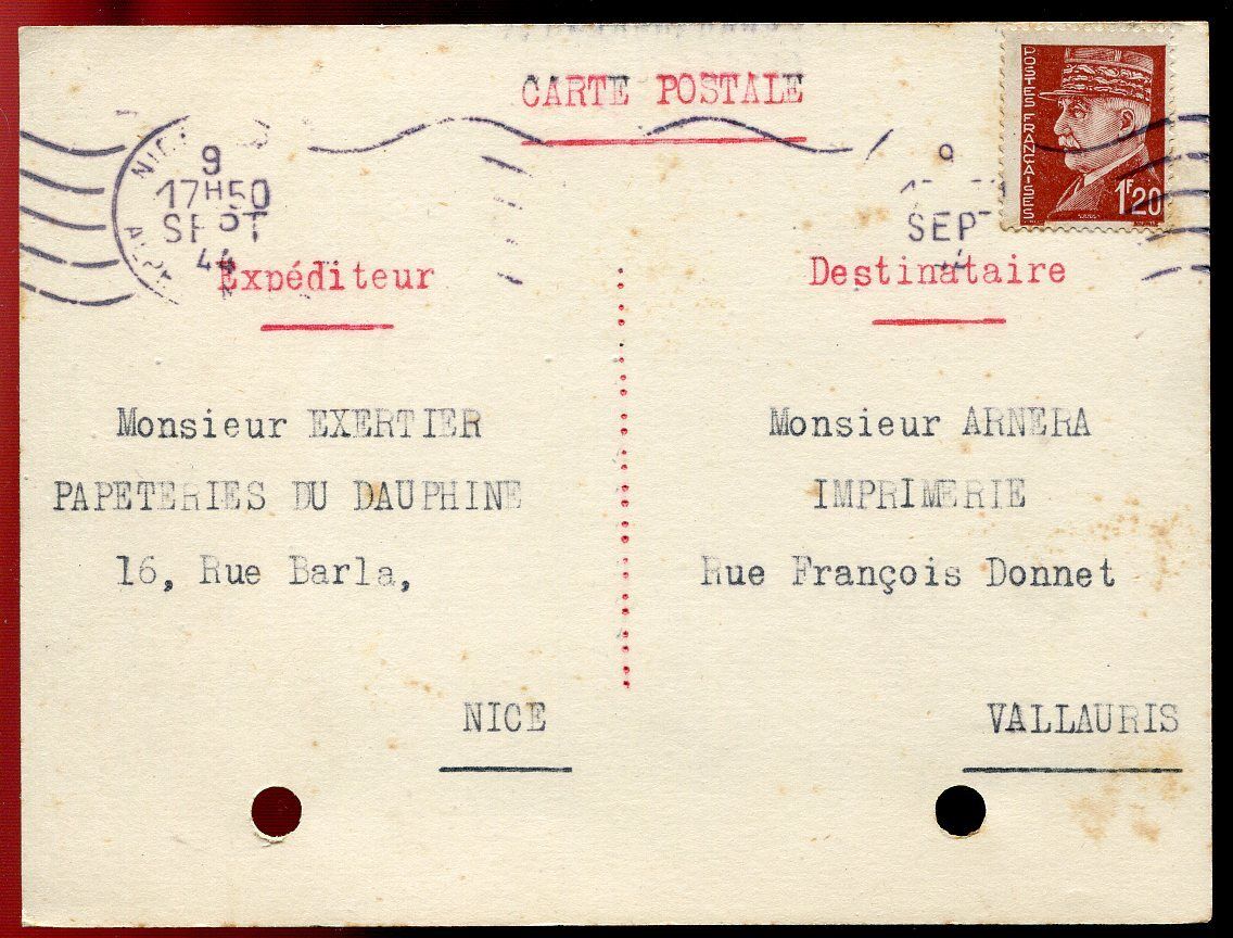 CARTE POSTALE NICE POUR VALLAURIS 1944 120817393516