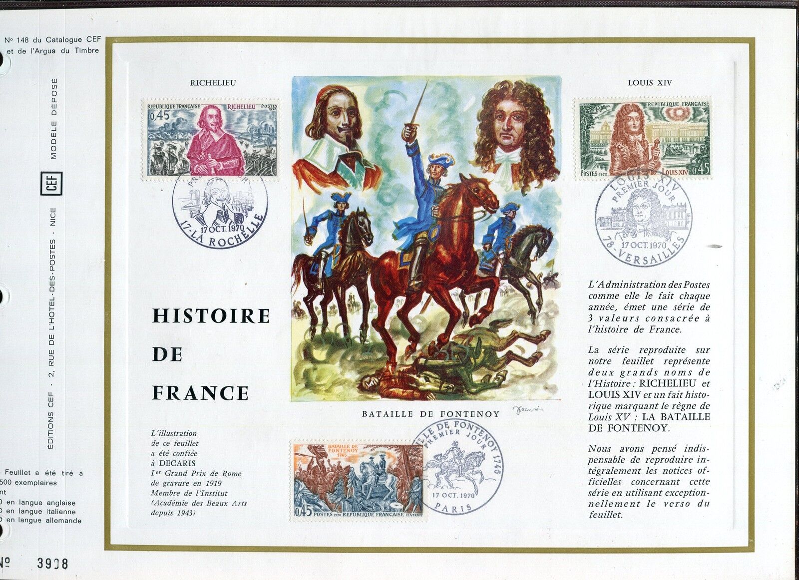 DOCUMENT CEF PREMIER JOUR 1970 TIMBRE N 1655 1656 1657 HISTOIRE DE FRANCE 400823459376