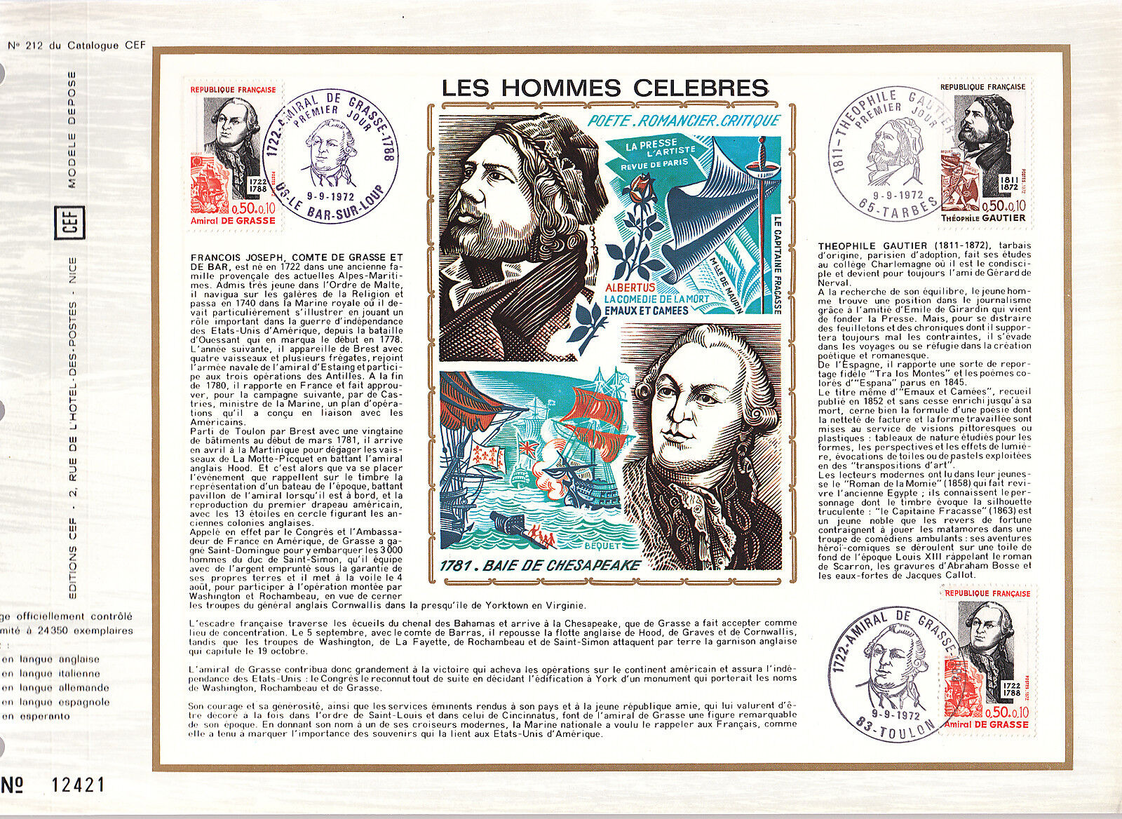 DOCUMENT CEF PREMIER JOUR 1972 HOMME CELEBRES AMIRAL DE GRACE THEOPHILE GAUTIER 400421665316