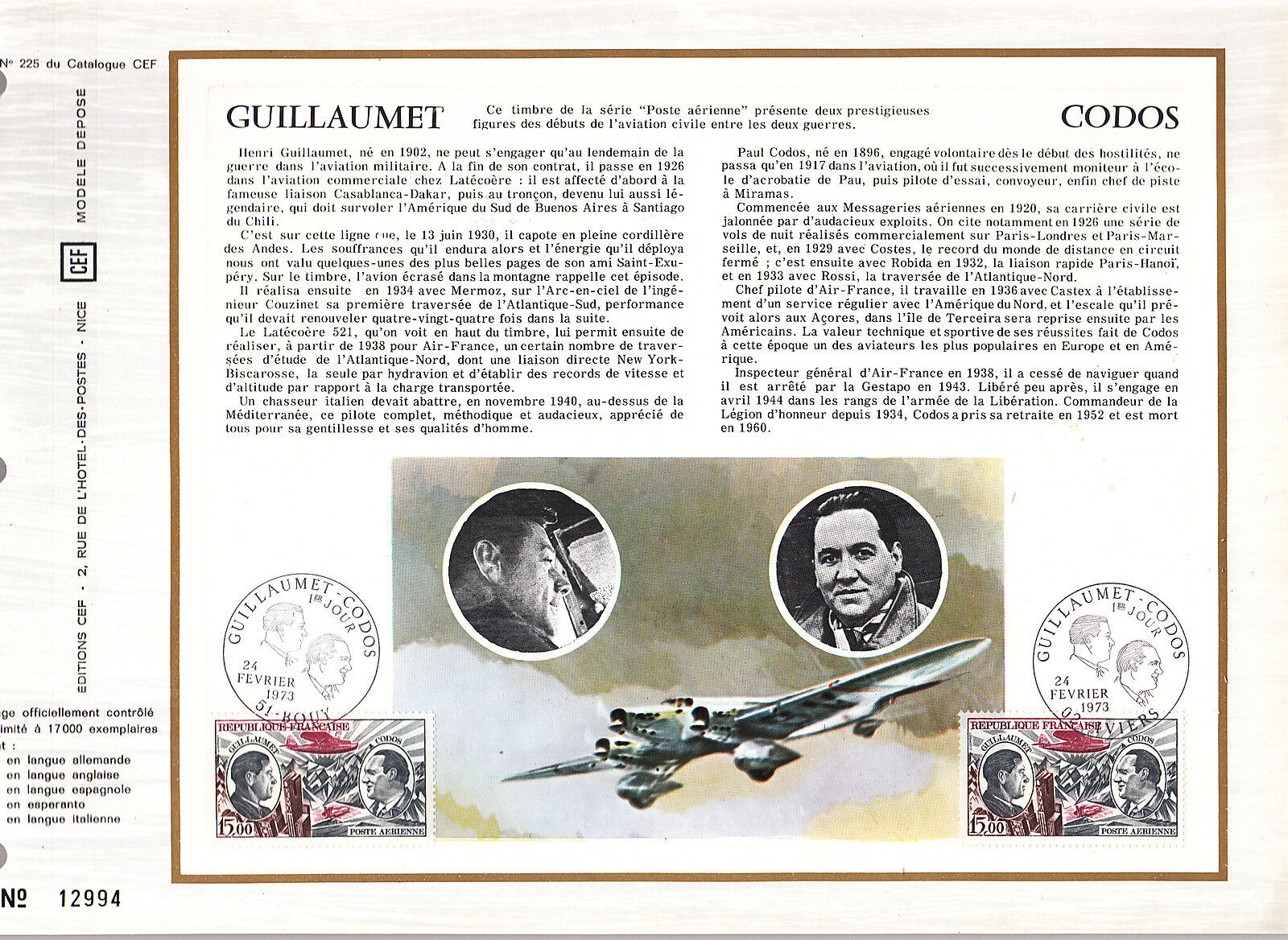 DOCUMENT CEF PREMIER JOUR 1973 AVIATION CIVILE GUILLAUMET CODOS 121072664106