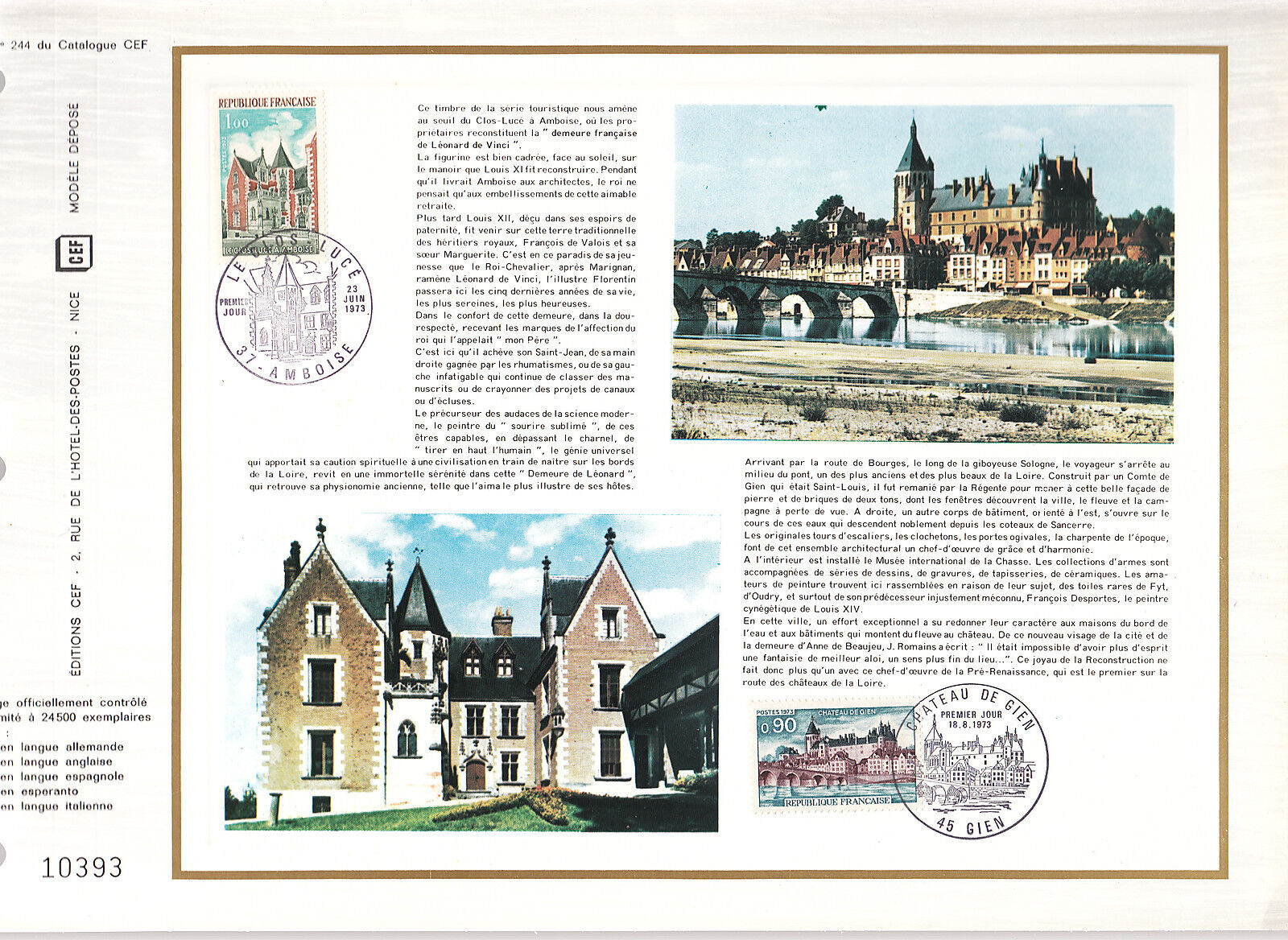 DOCUMENT CEF PREMIER JOUR 1973 LE CLOS LUCE AMBOISE ET CHATEAU DE GIEN 121072663006