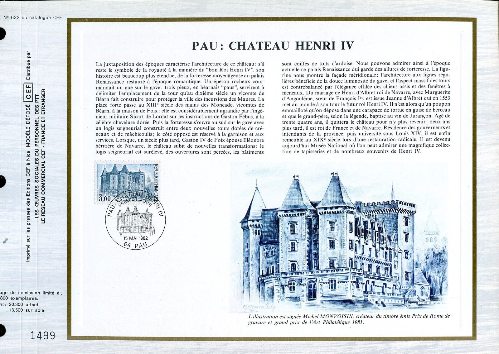 DOCUMENT CEF PREMIER JOUR 1982 TIMBRE N 2195 CHATEAU HENRI IV PAU 123176596266