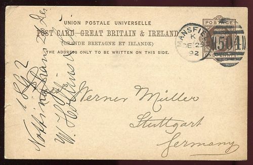 ENTIER POSTALE GREAT BRITAIN ET IRLANDE MANSFIELD 1892 110648044426