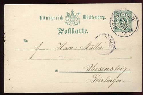 ENTIER POSTALE WURTTEMBERG GOEPPINGEN 1890 110649200216