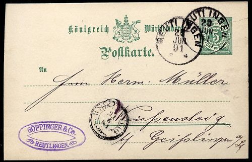 ENTIER POSTALE WURTTEMBERG REUTI INGEN 1891 110649200396