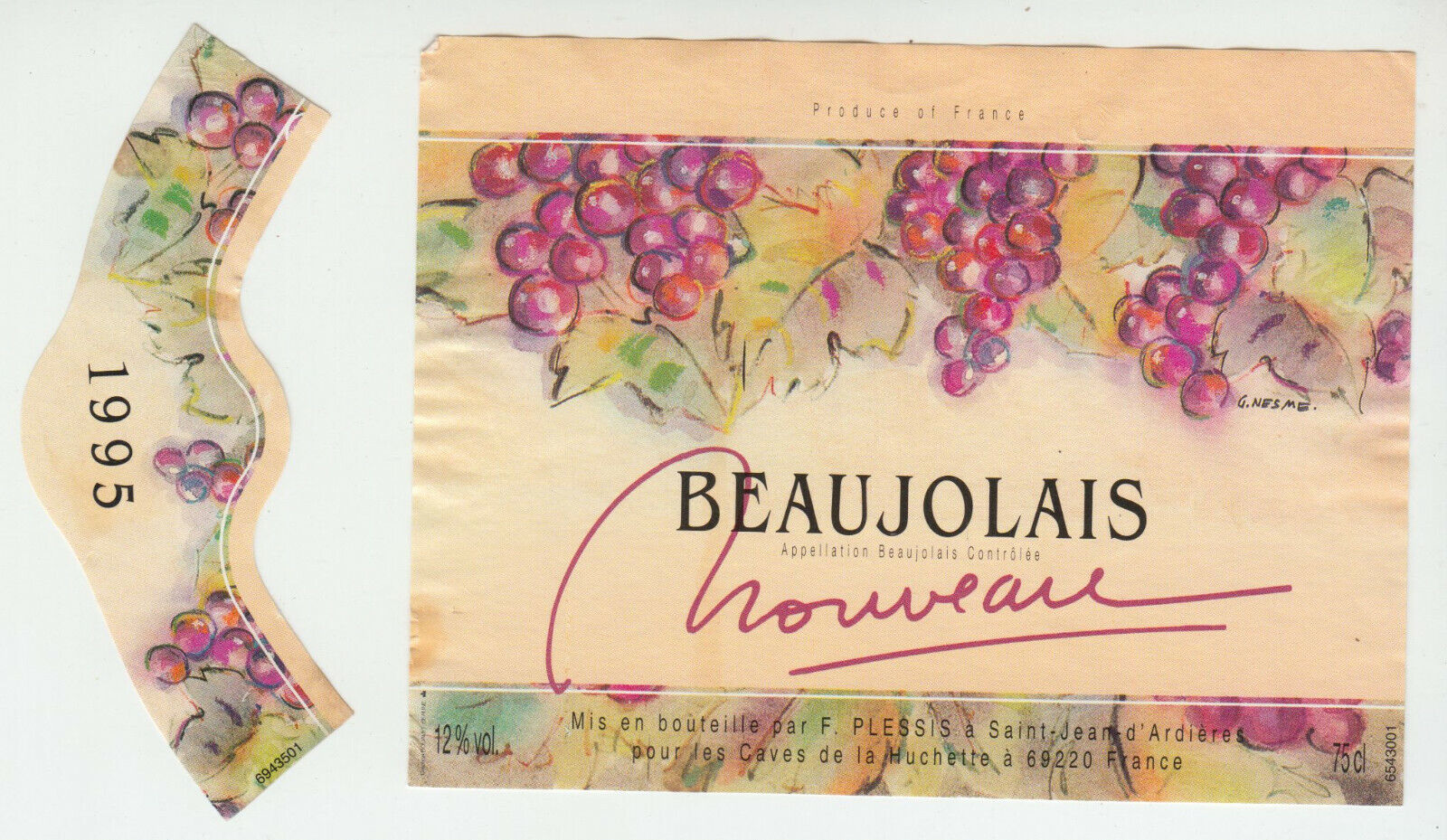 ETIQUETTE DE VIN BEAUJOLAIS NOUVEAU CLASSIQUES 1995 402695573056