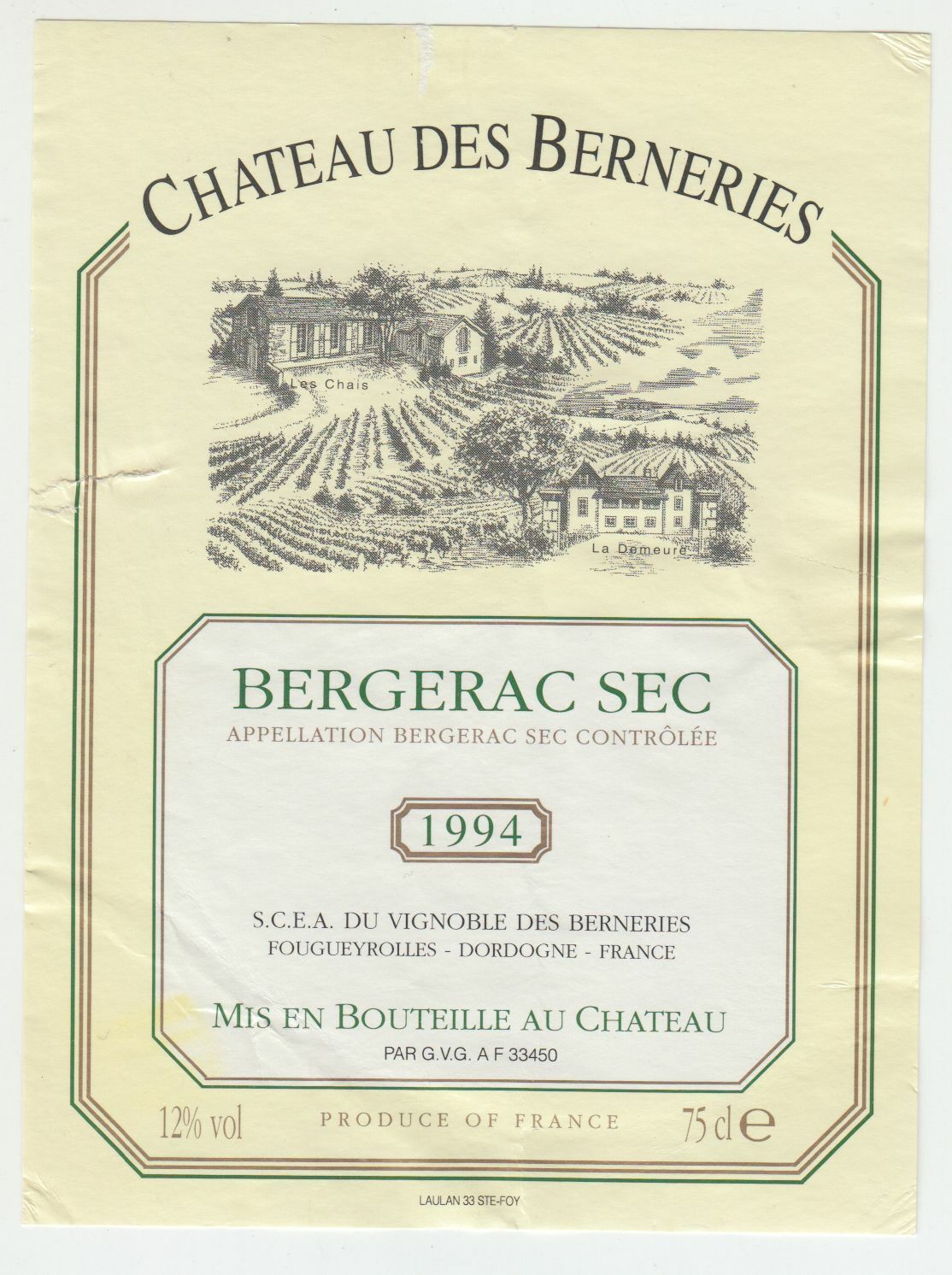 ETIQUETTE DE VIN BERGERAC CHATEAU DES BERNERIES 1994 124539262546