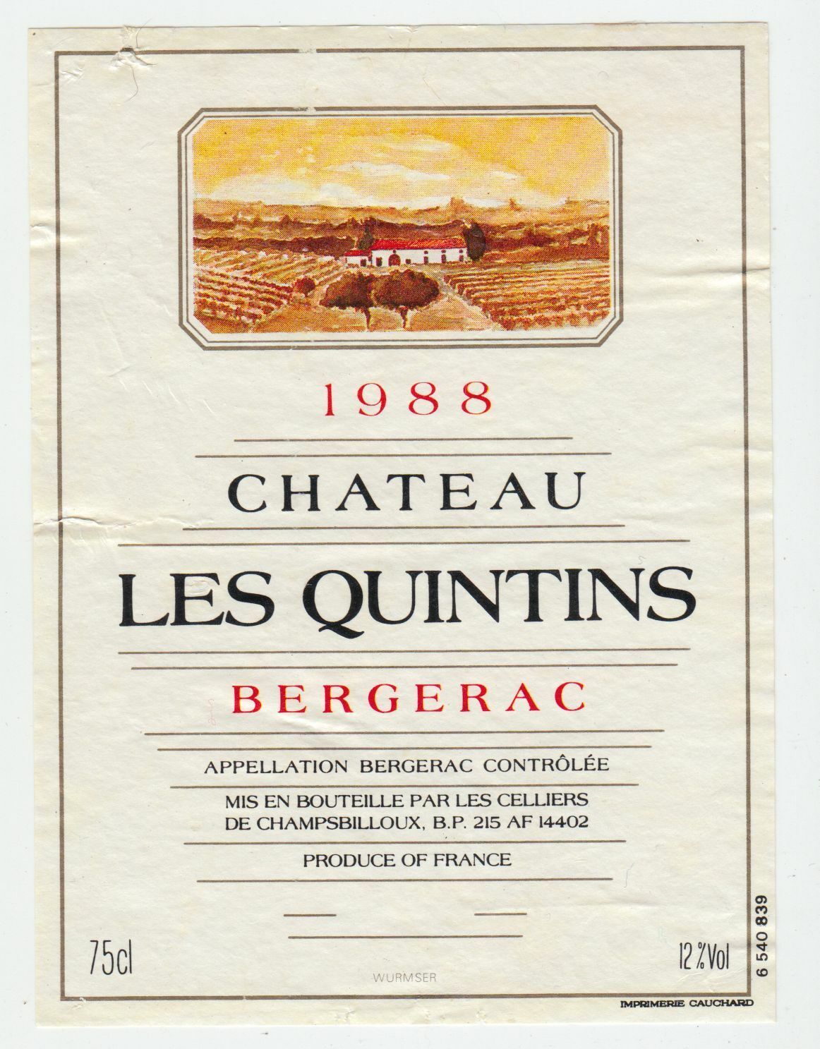 ETIQUETTE DE VIN BERGERAC CHATEAU LES QUINTINS 1988 124539262566