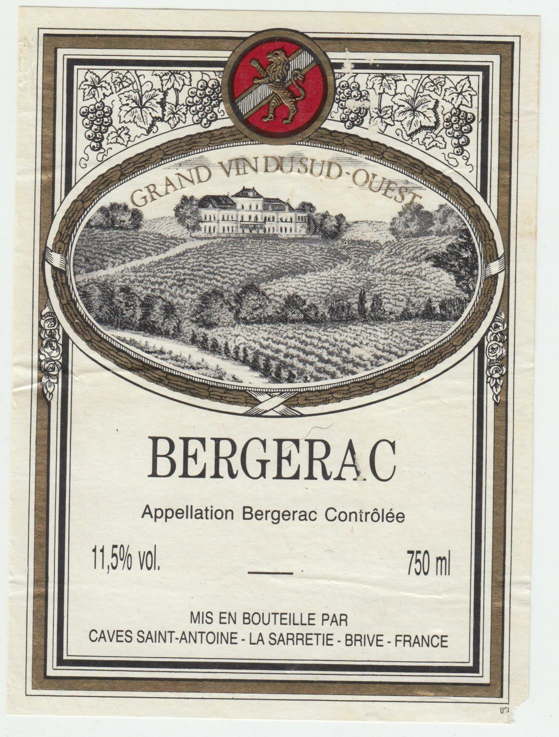 ETIQUETTE DE VIN BERGERAC GRAND VIN DU SUD OUEST 402654737166