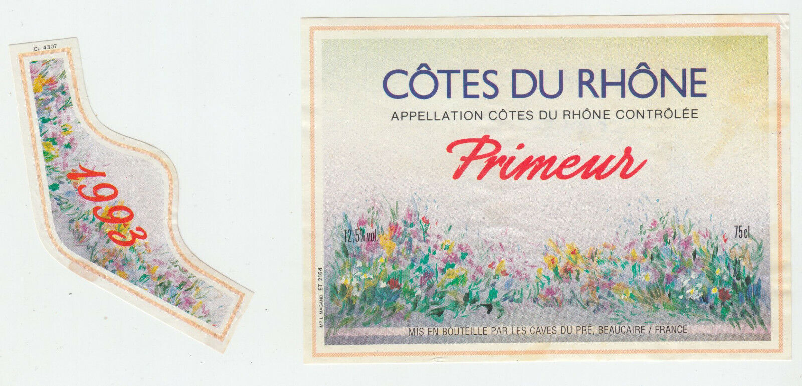 ETIQUETTE DE VIN BONS COTES DU RHONE PRIMEUR BEAUCAIRE 1993 402581825546