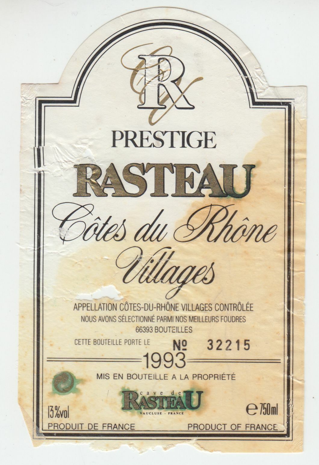 ETIQUETTE DE VIN BONS COTES DU RHONE VILLAGE 1993 RASTEAU 124461947776