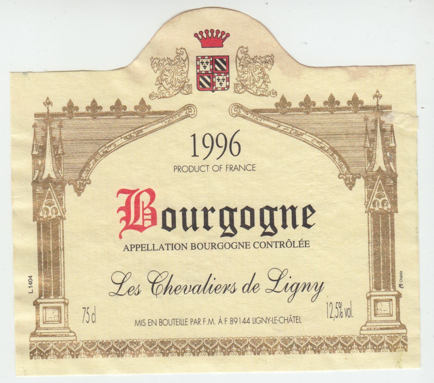 ETIQUETTE DE VIN BOURGOGNE 1996 LES CHEVALIERS DE LIGNY 124555697016