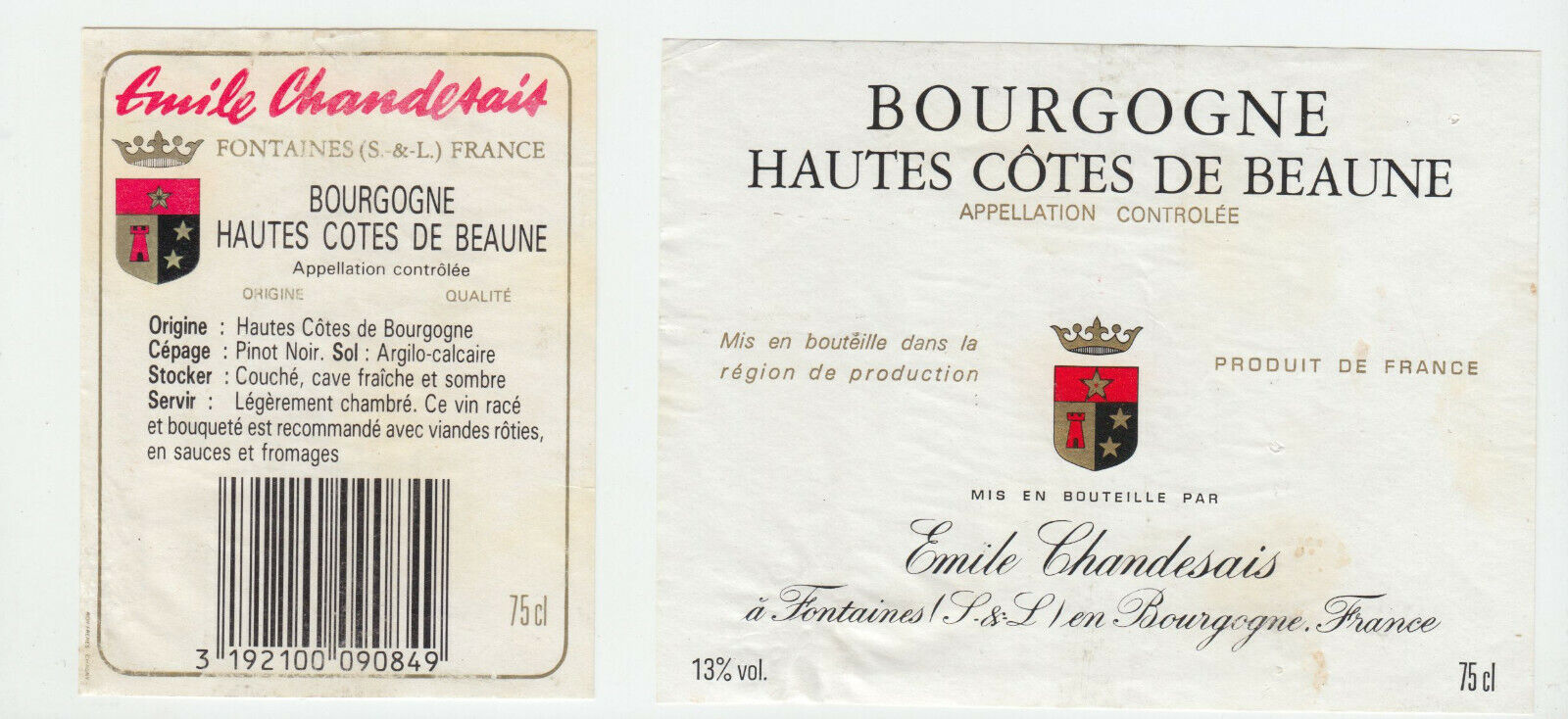 ETIQUETTE DE VIN BOURGOGNE HAUTES COTES DE BEAUNE EMILE CHANDESAIS 402673357266